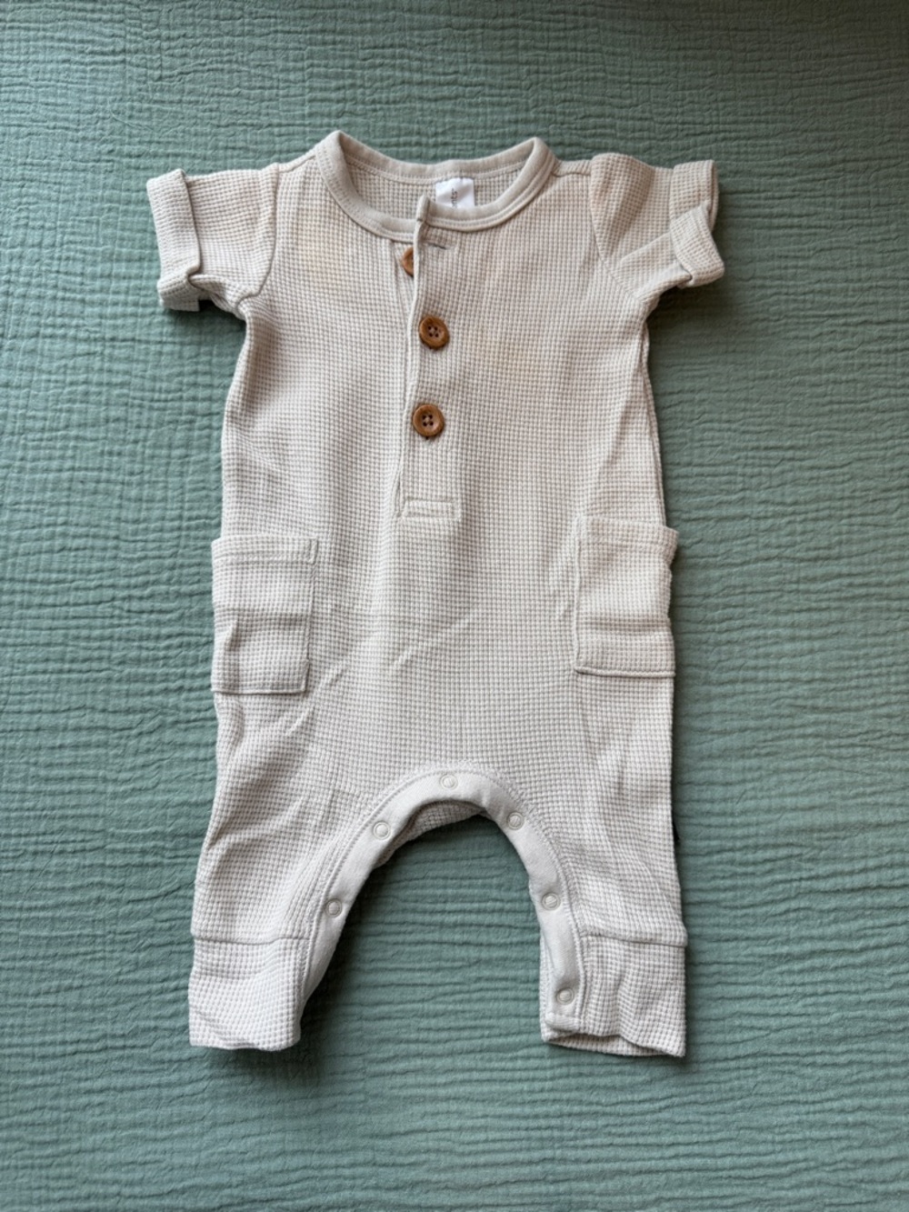 Cream Waffle-Knit Baby One-Piece Bodysuit with Button Placket